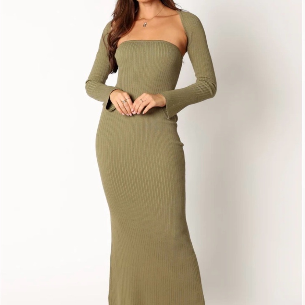 Petal & Pup Olive Green Ribbed Maxi Dress with Bolero